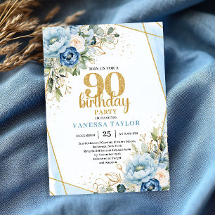 Blue Floral Gold Frame Elegant 90th Birthday  Invitation