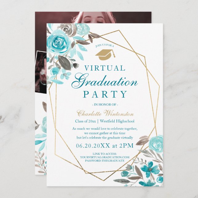 Blue floral gold frame photos virtual Graduation Invitation (Front/Back)