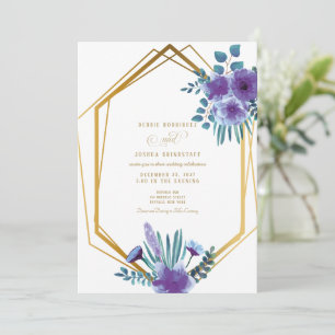 Blue Floral & Gold Frame Wedding Invitation