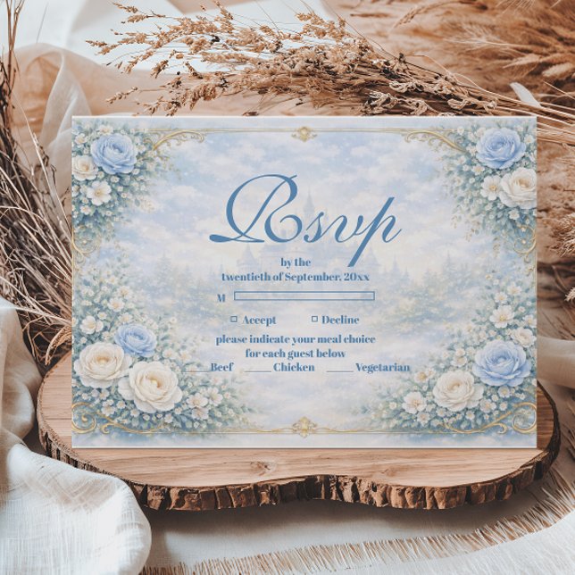 Blue Floral Gold Garden Quinceañera RSVP Card (Creator Uploaded)