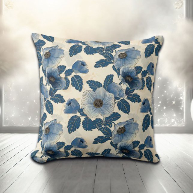 Blue Floral Gold Glitter Japanese Ukiyo-e Cushion (Creator Uploaded)