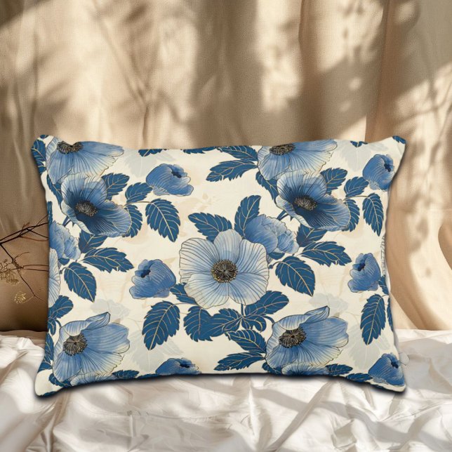 Blue Floral Gold Glitter Japanese Ukiyo-e Decorative Cushion (Creator Uploaded)