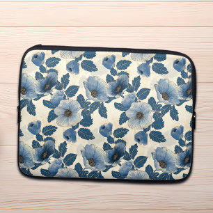 Blue Floral Gold Glitter Japanese Ukiyo-e Laptop Sleeve