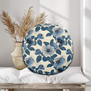 Blue Floral Gold Glitter Japanese Ukiyo-e Round Cushion