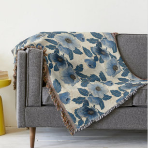 Blue Floral Gold Glitter Japanese Ukiyo-e Throw Blanket