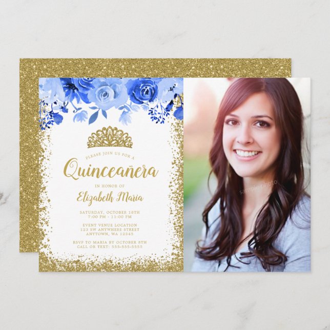 Blue Floral Gold Glitter Tiara Quinceane Photo Invitation (Front/Back)