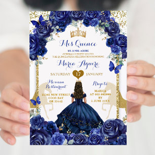 Blue Floral Gold Horse Princess Quinceañera Invitation