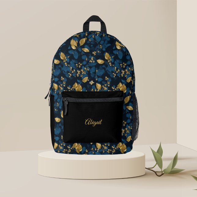 Blue floral gold leaves bagpack printed backpack (Creator Uploaded)