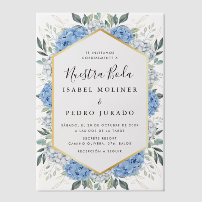 Blue Floral Gold Leaves Nuestra Boda Wedding Vellum Invitations (Front)