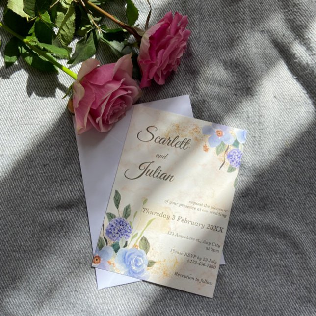 Blue Floral Gold Marble Wedding Invitation (Creator Uploaded)