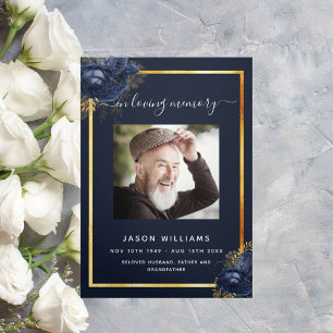 Blue floral gold photo tri-fold funeral program