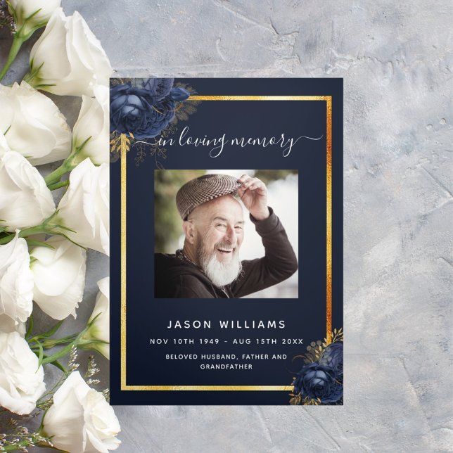 Blue floral gold photo tri-fold funeral program (Creator Uploaded)