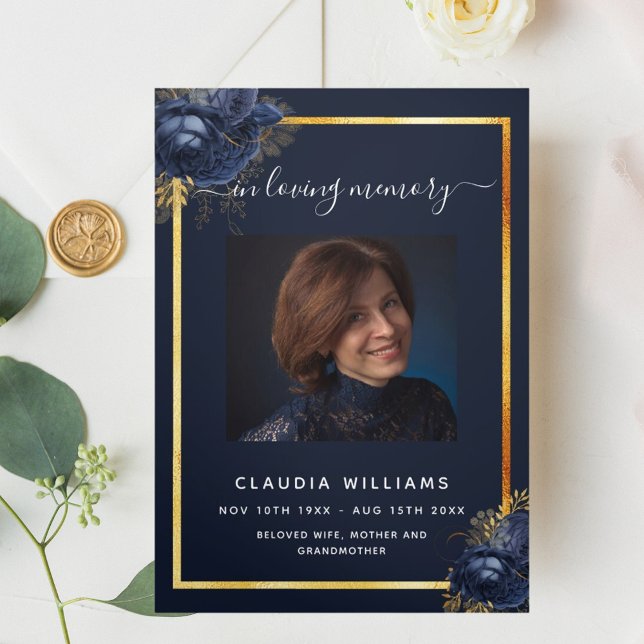Blue floral gold photo tri-fold funeral program announcement (Creator Uploaded)