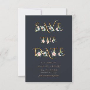 blue floral gold script Photo Save The Date Invitation