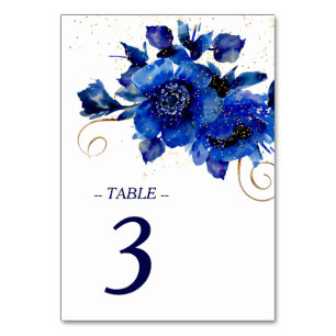 Blue Floral Gold Swirl Wedding Table Number