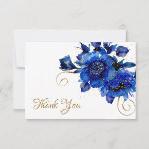 Blue Floral Gold Swirl Wedding Thank You Card