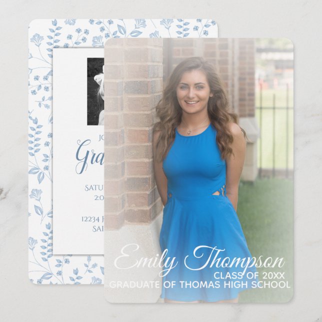 Blue Floral Grad Invitation Matte 5" x 7", (Front/Back)