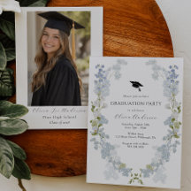 Blue Floral Graduation Invitation with Photo 