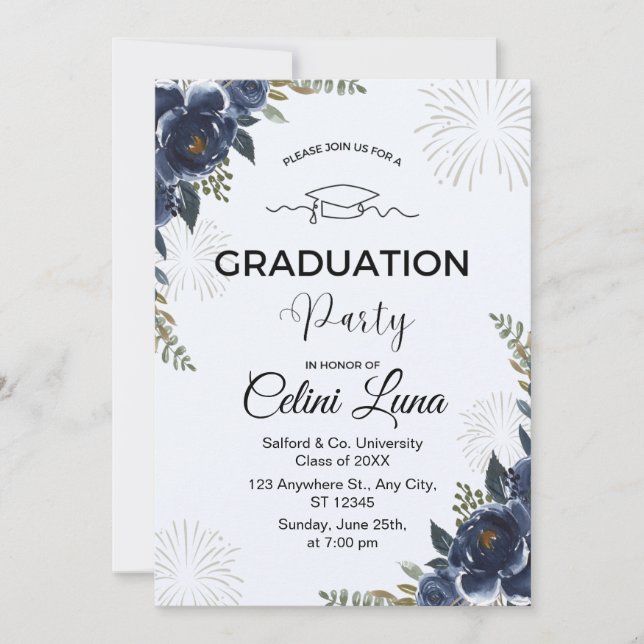 Blue Floral Graduation Party Invitation  (Front)
