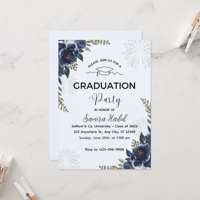 Blue Floral Graduation Party Invitation (Front/Back In Situ)