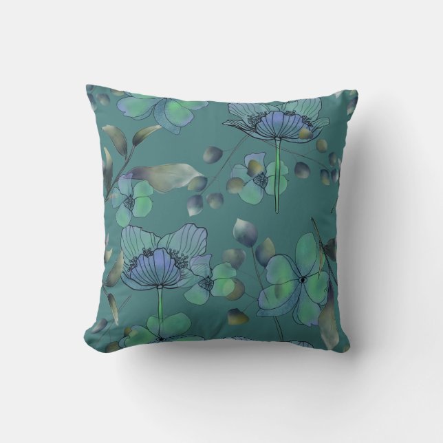 Blue floral green foliage watercolor abstract cushion (Front)