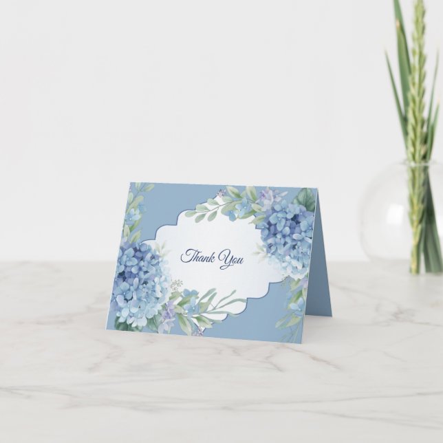 Blue Floral Green Leaves Frame Elegant Wedding Thank You Card (Front)