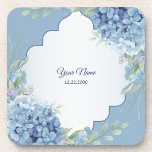 Blue Floral Green Leaves Frame Wedding Party Coaster