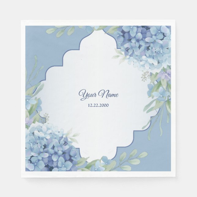 Blue Floral Green Leaves Frame Wedding Party Napkin (Front)