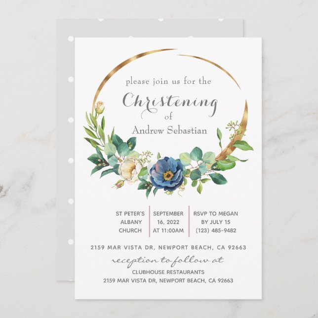 Blue Floral Greenery Baptism Boy  Invitation (Front/Back)