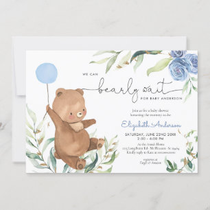 Blue Floral Greenery Bear Balloon Boy Baby Shower Invitation