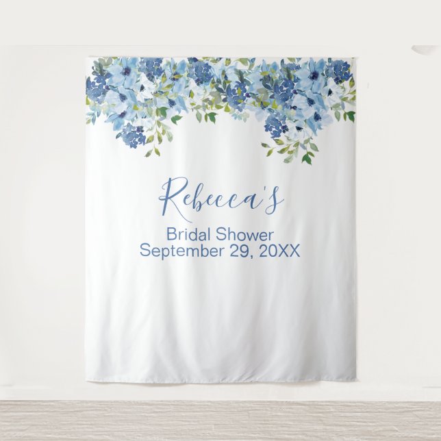 Blue Floral Greenery Bridal Shower Backdrop Tapestry (Front)