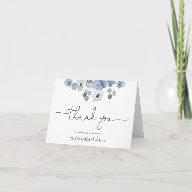 Blue Floral Greenery Bridal Shower Thank You Card (Front)