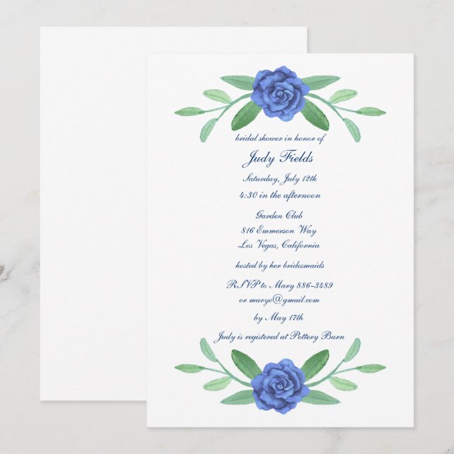 Blue Floral Greenery Foliage Bridal Shower Invitation (Front/Back)