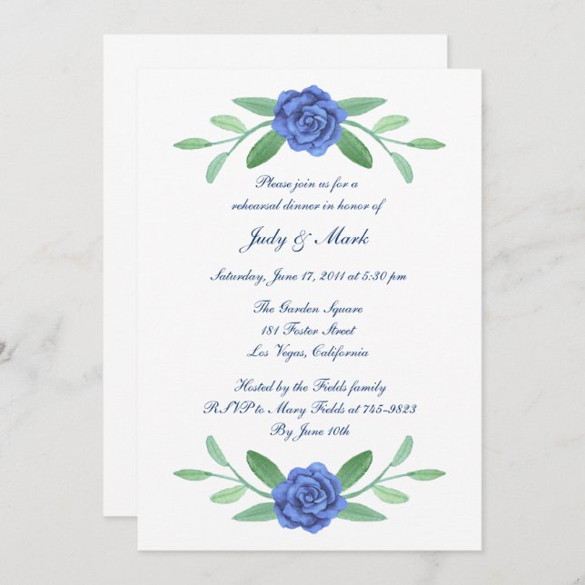 Blue Floral Greenery Foliage Rehearsal Dinner Invitation (Front/Back)