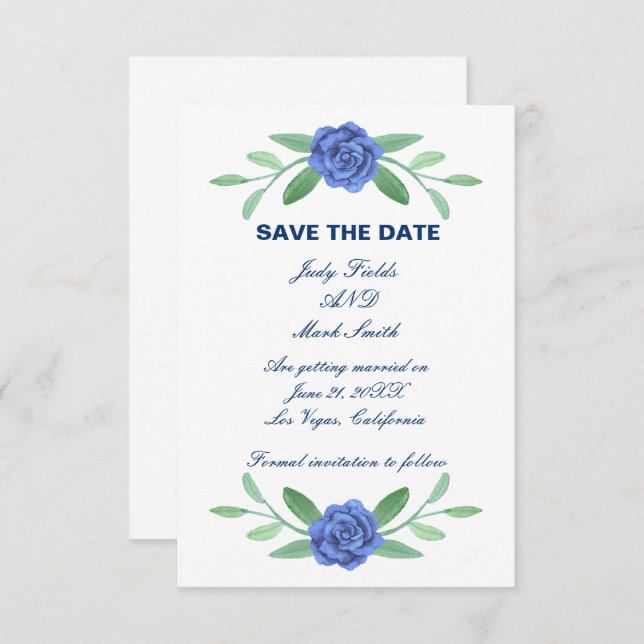 Blue Floral Greenery Foliage Save The Date Card (Front/Back)