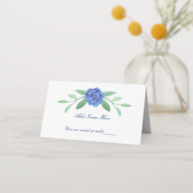 Blue Floral Greenery Foliage Table Place Card (Front)