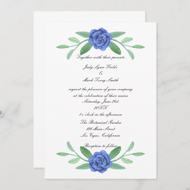 Blue Floral Greenery Foliage Wedding Invitation (Front/Back)
