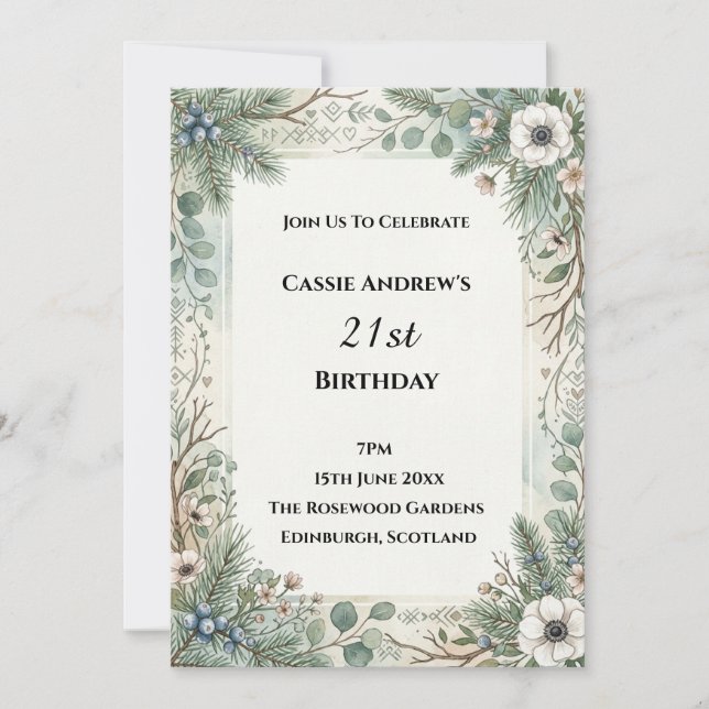 Blue Floral Greenery Milestone Birthday Invitation (Front)