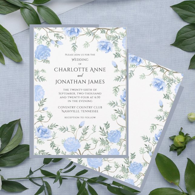 Blue Floral Greenery Modern Watercolor Wedding  Invitation (Creator Uploaded)