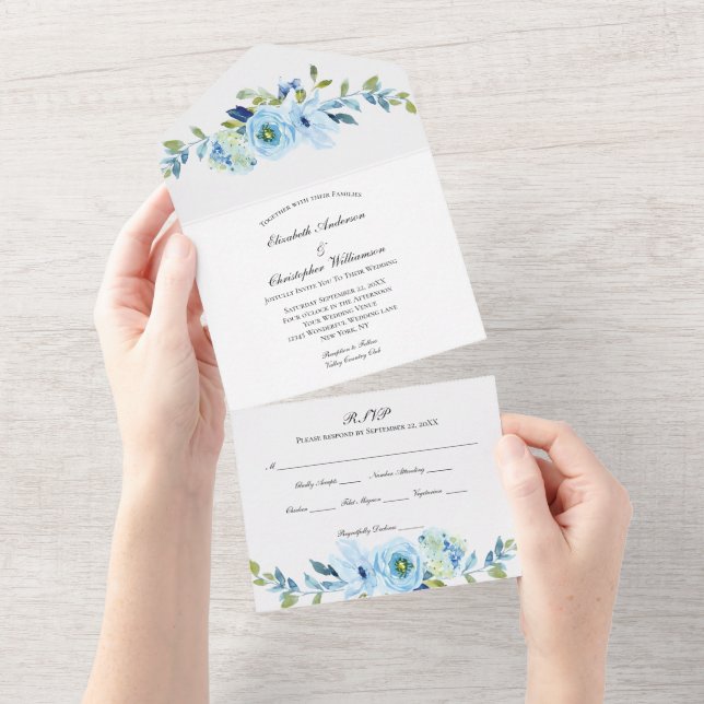 Blue Floral Greenery Wedding All In One Invitation (Tearaway)