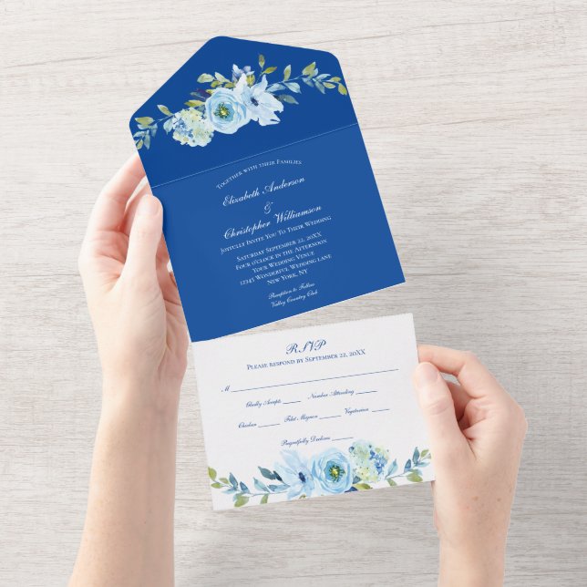 Blue Floral Greenery Wedding All In One Invitation (Tearaway)