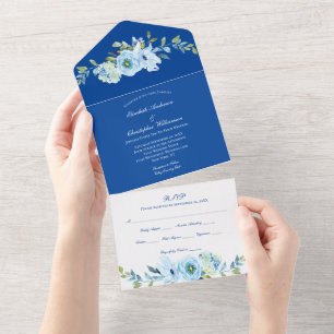 Blue Floral Greenery Wedding All In One Invitation