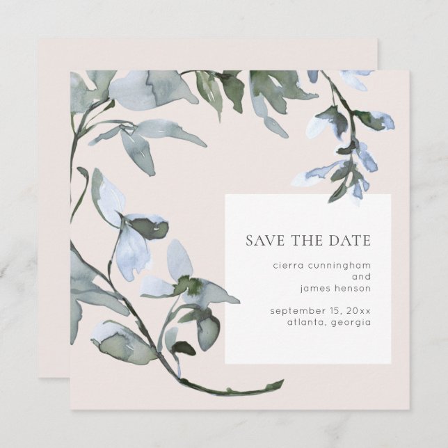 Blue Floral Greenery Wedding Save the Date Card (Front/Back)