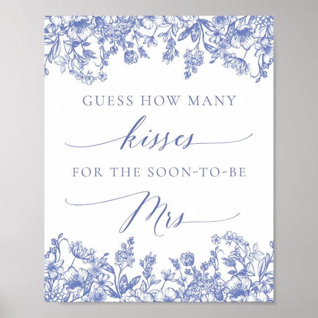 Blue Floral Guess How Many Kisses Bridal Sign (Front)