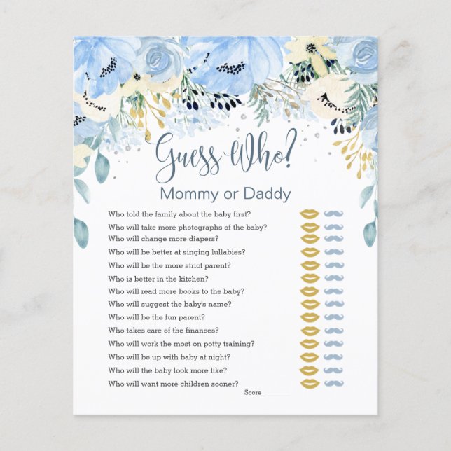 Blue Floral Guess Who Baby Shower Games Flat Paper (Front)