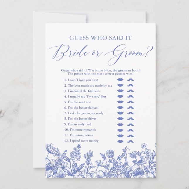 Blue Floral Guess Who Said It Bride or Groom Game Invitation (Front)
