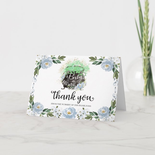 Blue Floral Halloween Baby Shower Thank You Card (Front)