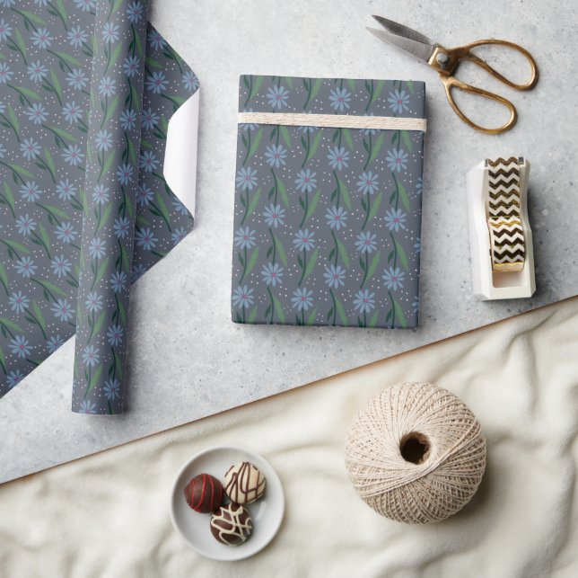 Blue Floral Hand Drawn Retro Wrapping Paper (Crafts)