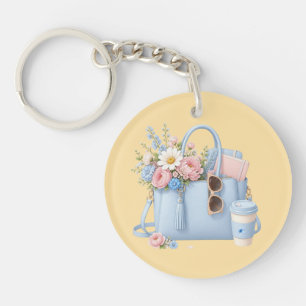 Blue Floral Handbag with Sunglasses and Coffee Key Ring