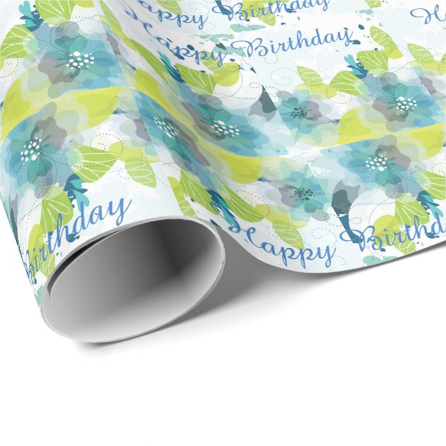 Blue Floral Happy Birthday Gift Wrap (Roll Corner)